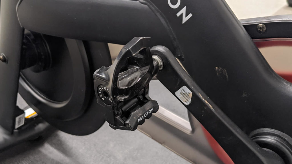 A Look-style pedal on a Peloton bike